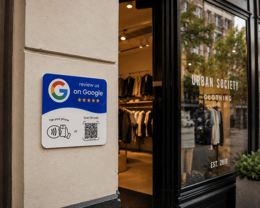 NFC reviewkaart bij de ingang van een kledingwinkel